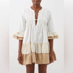 Tiered White and Beige Ruffle Tunic Dress